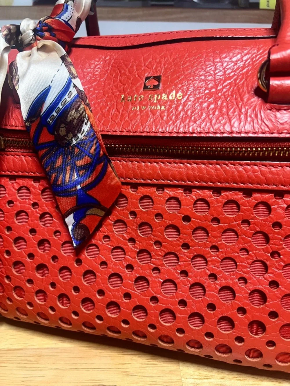 Kate Spade Perri Lane Bubbles Perforated Leather Satchel in Empire Red - Picture 9 of 14